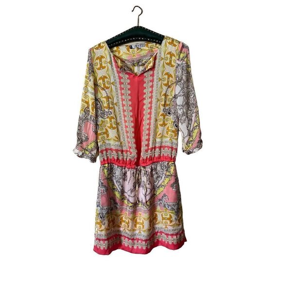 Jennifer Lopez Women’s Silky Multicolored Print Scarf Drawstring Waist Dress Siz - Picture 1 of 6